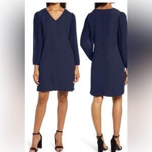 Sam Edelman Pleated Long Sleeve V-Neck Shift Dress Navy Size 8 NWT